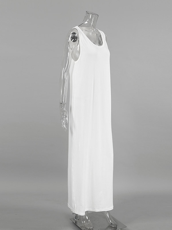 Split-Joint Solid Color See-Through Sleeveless Loose U-Neck Maxi Dresses