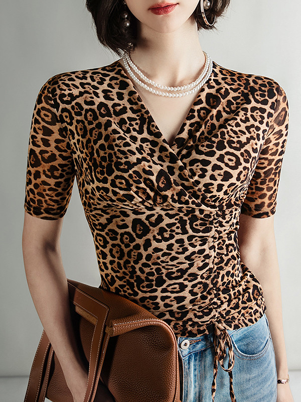 Pleated Leopard Skinny Half Sleeves V-Neck T-Shirts Tops
