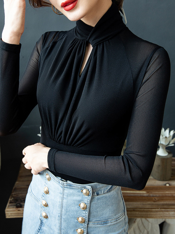Solid Color Pleated Hollow Skinny Plus Size Mock Neck T-Shirts Tops