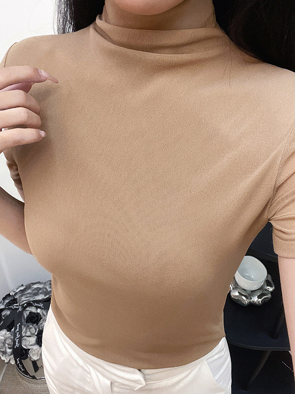 Solid Color Skinny Half Sleeves High Neck T-Shirts Tops
