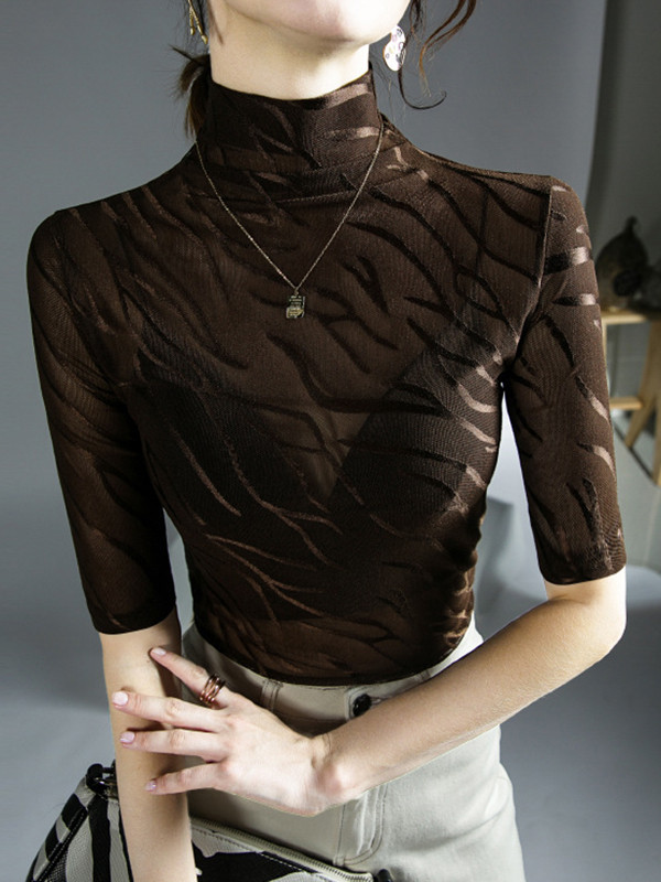 See-Through Skinny Plus Size High Neck T-Shirts Tops