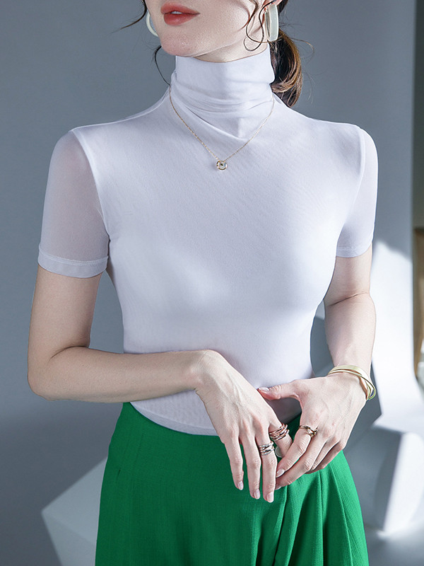 Solid Color Skinny Half Sleeves High Neck T-Shirts Tops