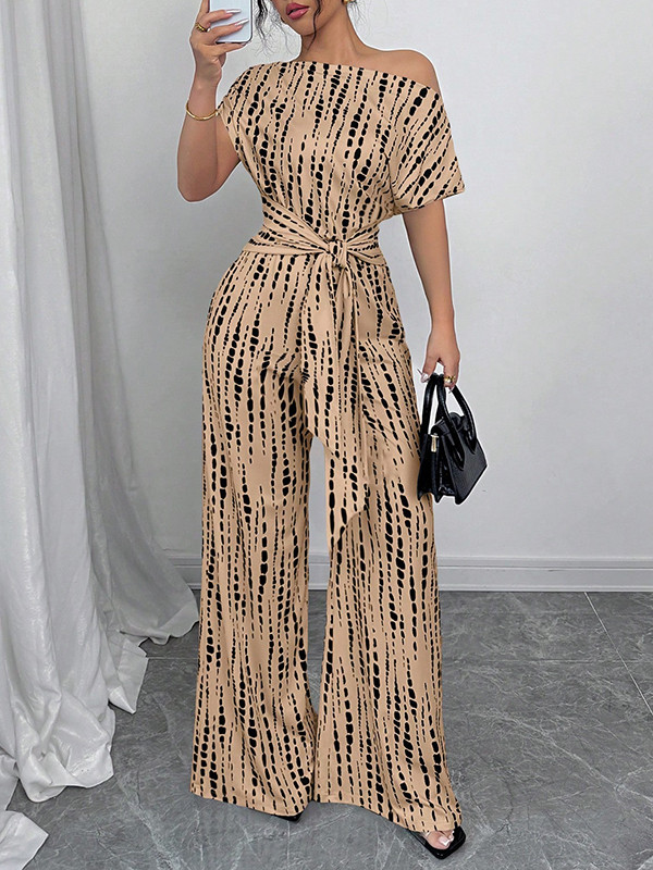 Tied Waist Split-Joint Printed Asymmetric Wide Leg Loose One-Shoulder Jumpsuits