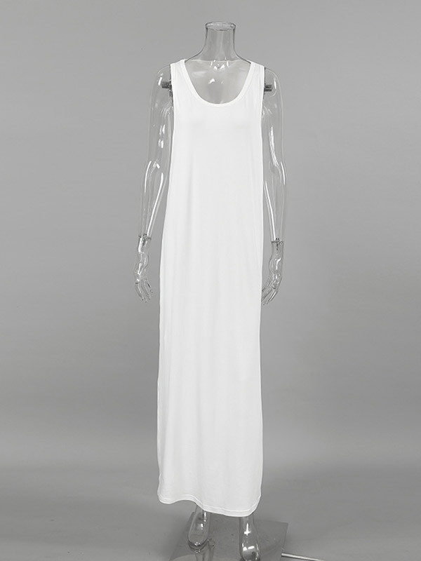 Split-Joint Solid Color See-Through Sleeveless Loose U-Neck Maxi Dresses