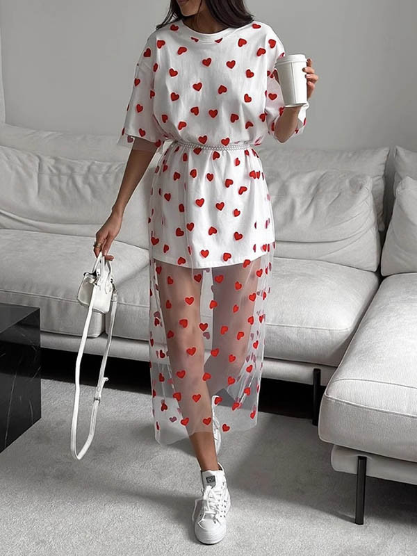 Split-Joint See-Through Mesh Heart Print Short Sleeves Loose Round-Neck Midi Dresses