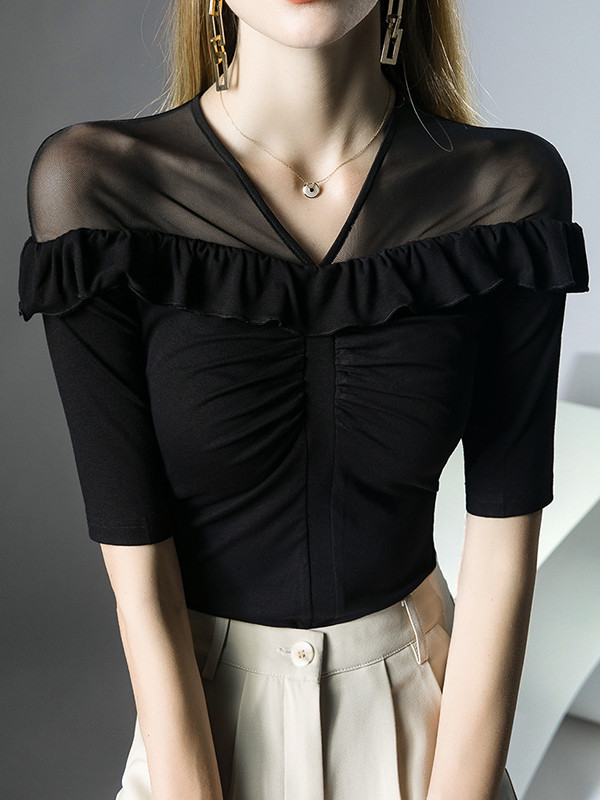 Split-Joint Solid Color Ruffle Trim Pleated Skinny Half Sleeves V-Neck T-Shirts Tops