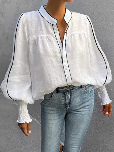 Split-Joint Elasticity Contrast Color Buttoned Puff Sleeves Loose Round-Neck Blouses&Shirts Tops