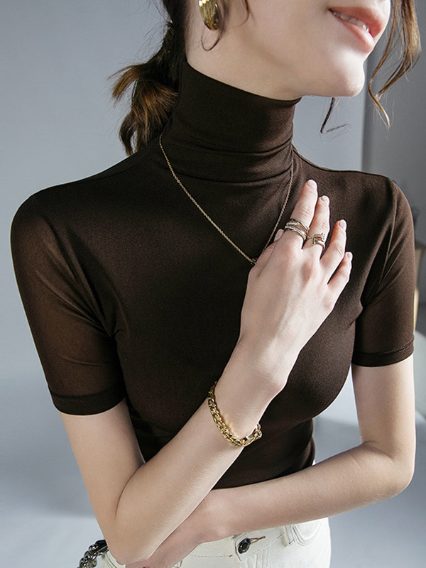 Solid Color Skinny Half Sleeves High Neck T-Shirts Tops