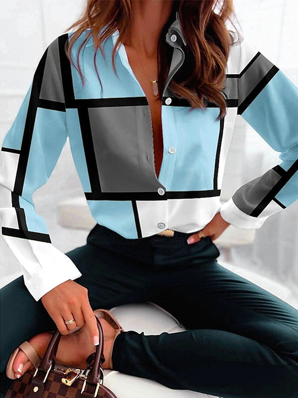 Plaid Contrast Color Buttoned Loose Long Sleeves Lapel Blouses&Shirts Tops
