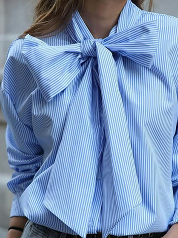Striped Split-Joint Puff Sleeves Loose High Neck Blouses&Shirts Tops