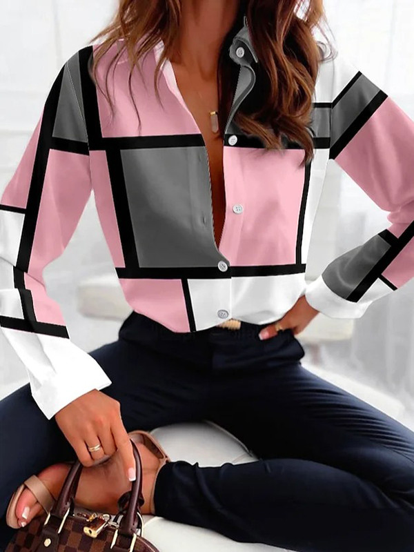 Plaid Contrast Color Buttoned Loose Long Sleeves Lapel Blouses&Shirts Tops