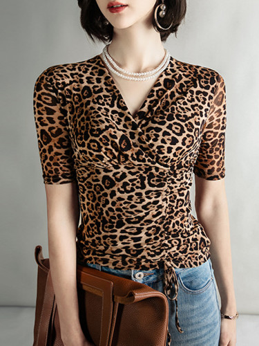 Pleated Leopard Skinny Half Sleeves V-Neck T-Shirts Tops