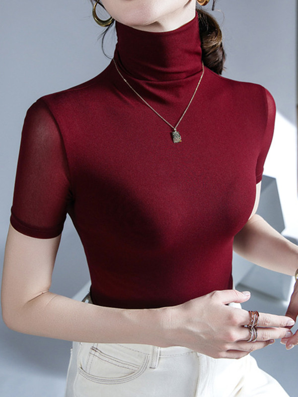 Solid Color Skinny Half Sleeves High Neck T-Shirts Tops