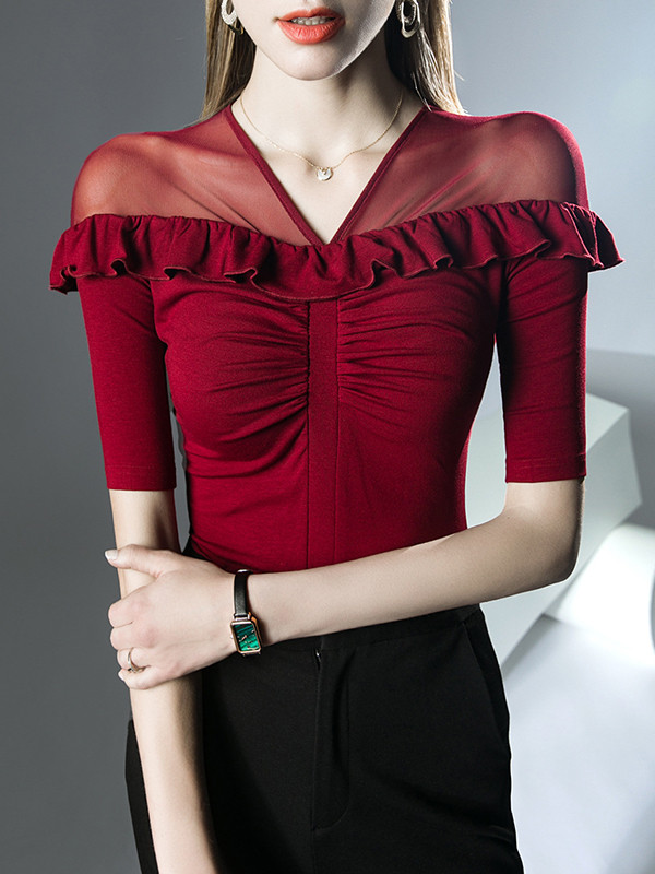 Split-Joint Solid Color Ruffle Trim Pleated Skinny Half Sleeves V-Neck T-Shirts Tops