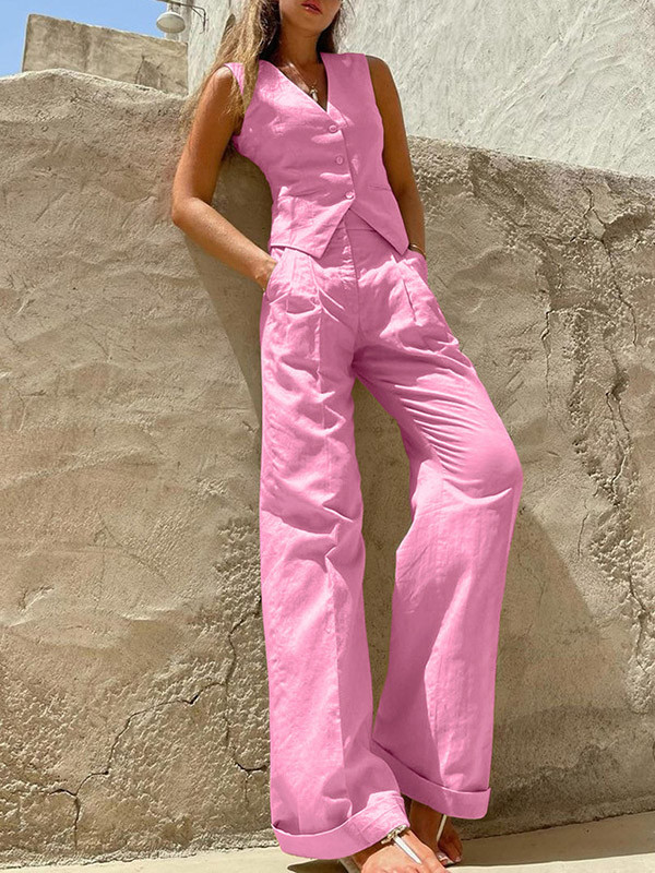 Split-Joint Solid Color Pleated Sleeveless Loose V-Neck Two Pieces Set