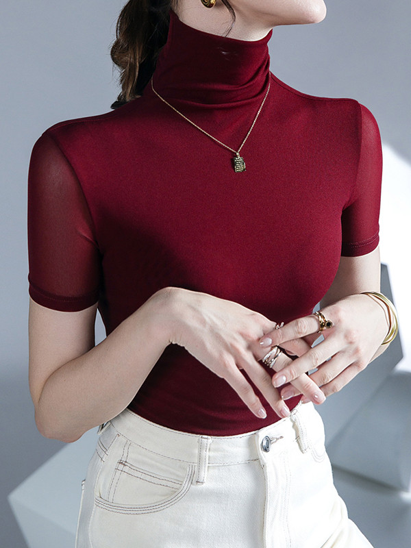 Solid Color Skinny Half Sleeves High Neck T-Shirts Tops