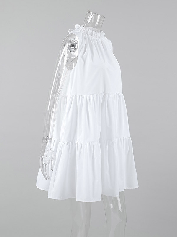 Split-Joint Solid Color Ruffled Pleated Loose A-Line Round-Neck Shirt Dress Mini Dresses