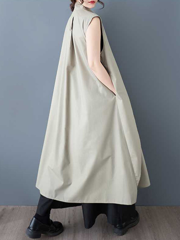 Zipper Tied Solid Color Pockets Sleeveless Loose V-Neck Shirt Dress Midi Dresses