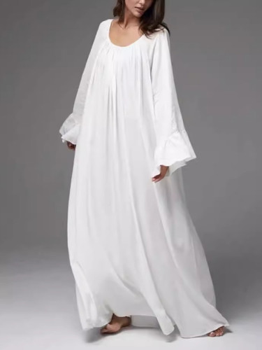 Split-Joint Solid Color Pleated Loose Flared Sleeves Round-Neck Maxi Dresses