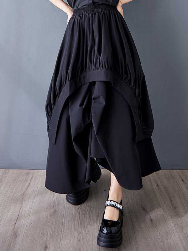 Solid Color Pockets Pleated Elasticity Asymmetric Loose A-Line Skirts