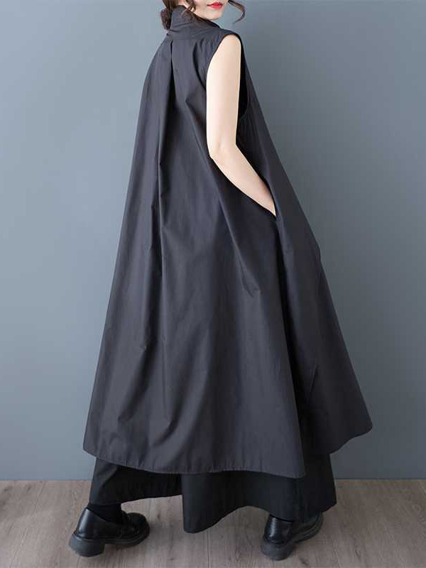 Zipper Tied Solid Color Pockets Sleeveless Loose V-Neck Shirt Dress Midi Dresses
