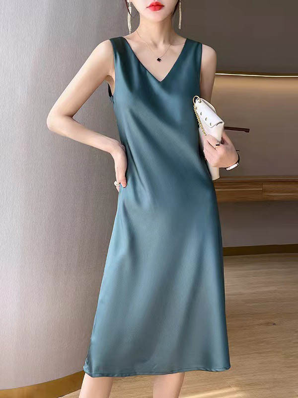 Solid Color Sleeveless Loose V-Neck Midi Dresses