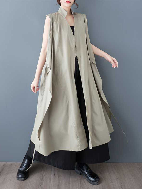 Zipper Tied Solid Color Pockets Sleeveless Loose V-Neck Shirt Dress Midi Dresses
