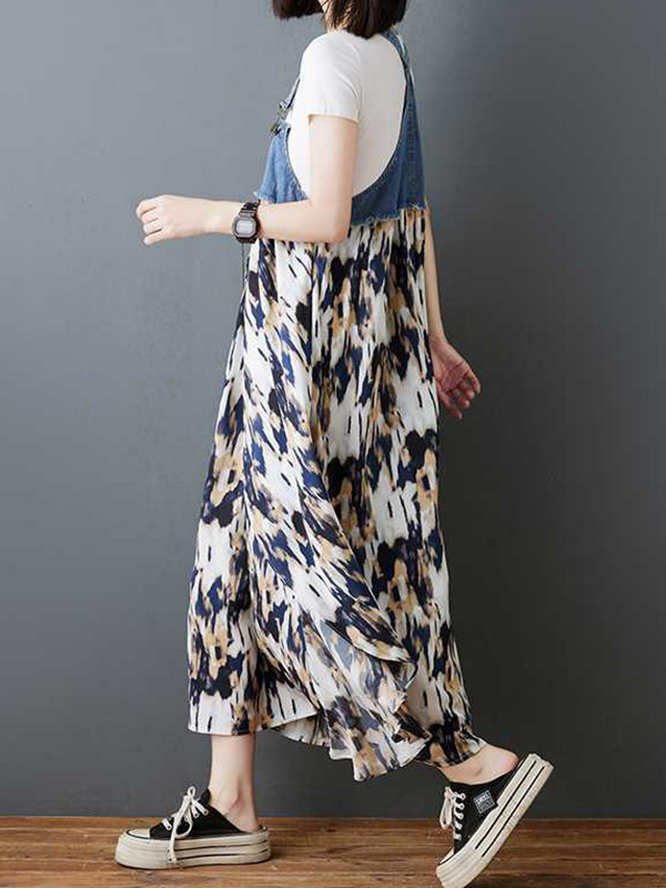 Split-Joint Pockets Flower Print Sleeveless Plus Size Spaghetti-Neck Suspender Dress Maxi Dresses