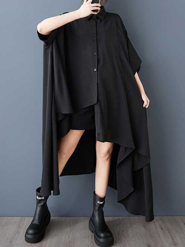Solid Color Pockets Buttoned Asymmetric Loose High-Low Lapel Shirt Dress Midi Dresses