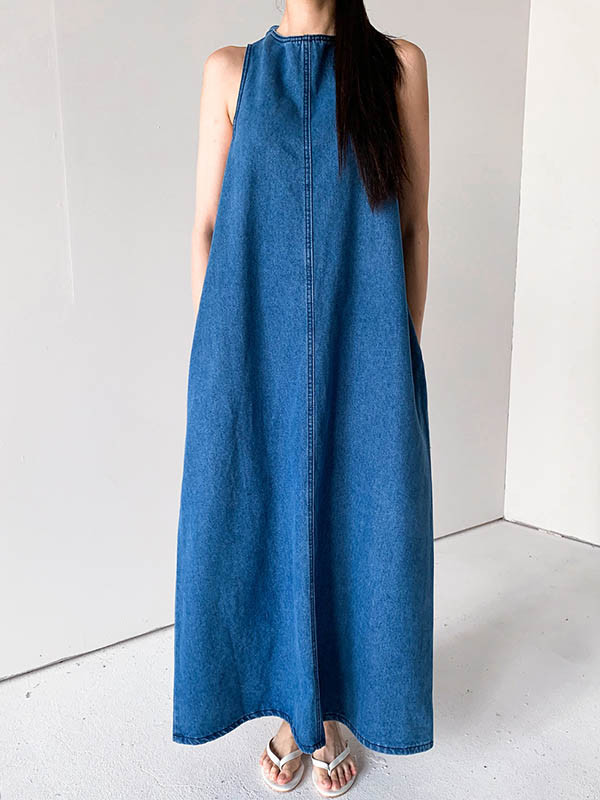 Tied Solid Color Pockets Sleeveless Loose Round-Neck Maxi Dresses