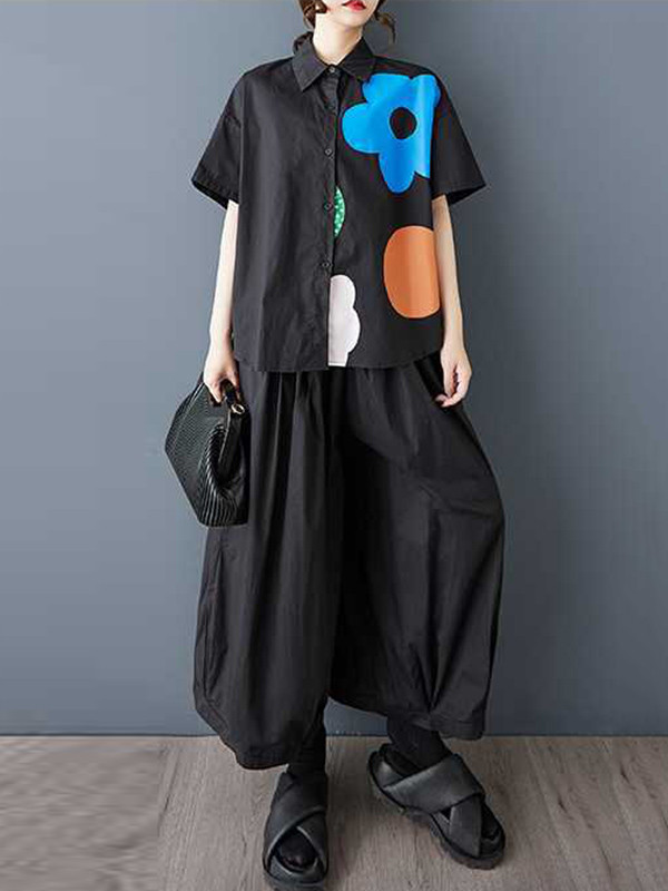 Flower Print Buttoned Short Sleeves Loose Lapel Blouses&Shirts Tops