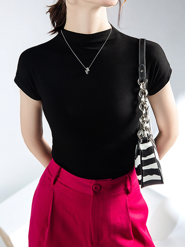 Solid Color Skinny Short Sleeves Mock Neck T-Shirts Tops