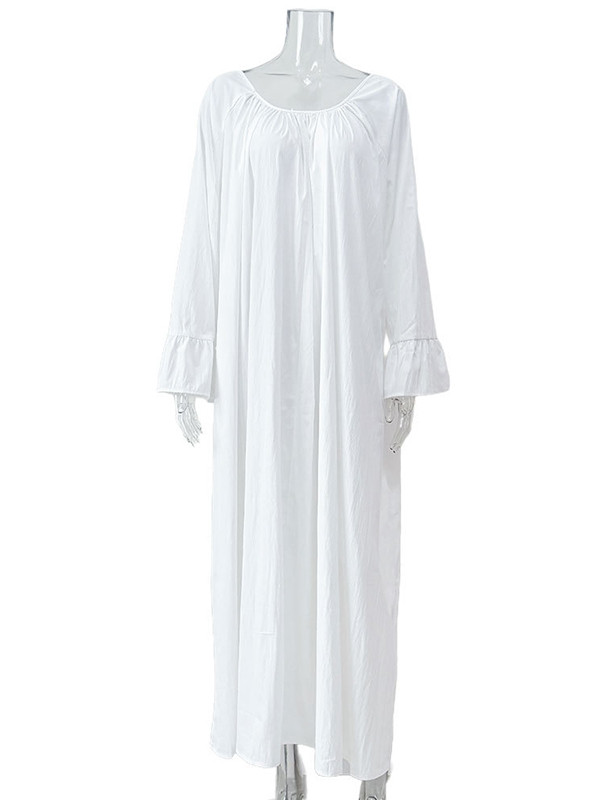 Split-Joint Solid Color Pleated Loose Flared Sleeves Round-Neck Maxi Dresses