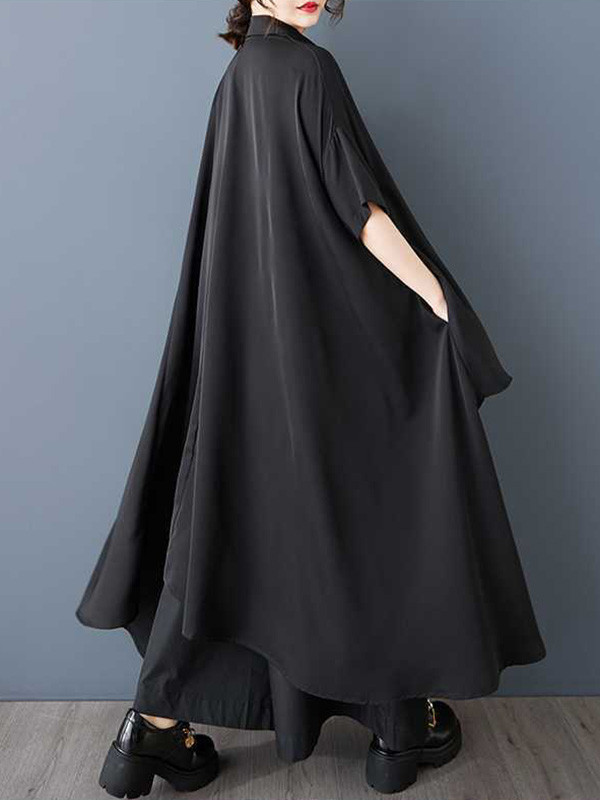Solid Color Pockets Buttoned Asymmetric Loose High-Low Lapel Shirt Dress Midi Dresses