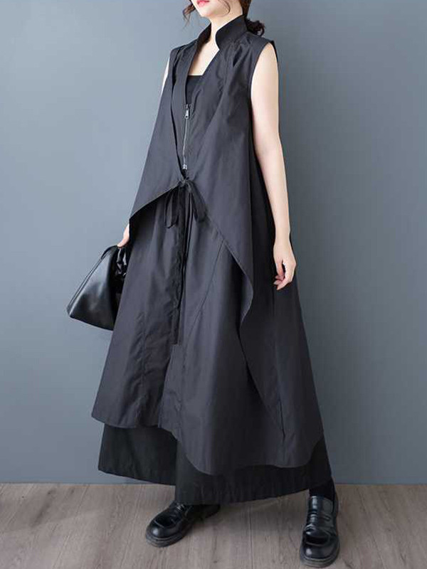 Zipper Tied Solid Color Pockets Sleeveless Loose V-Neck Shirt Dress Midi Dresses