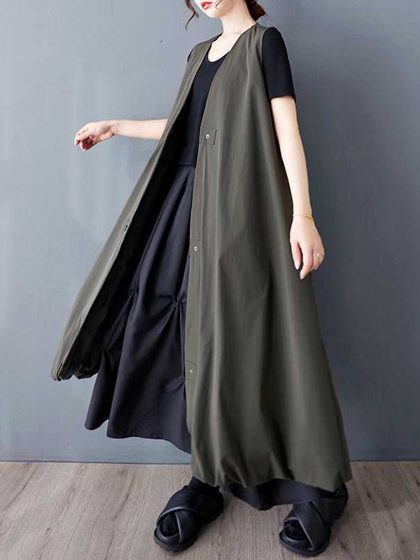 Solid Color Pockets Pleated Buttoned Sleeveless Loose V-Neck Vest Outerwear Midi Dresses
