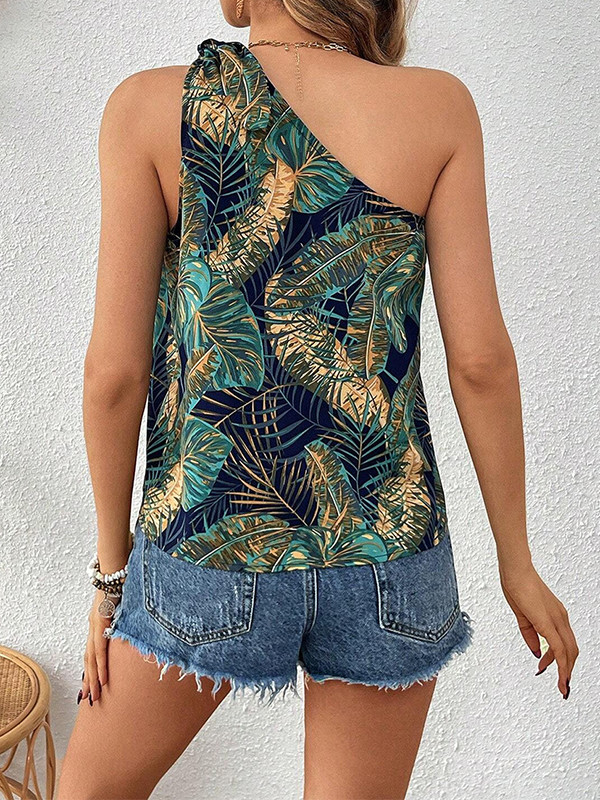Tied Flower Print Asymmetric Sleeveless Loose One-Shoulder Vest Top
