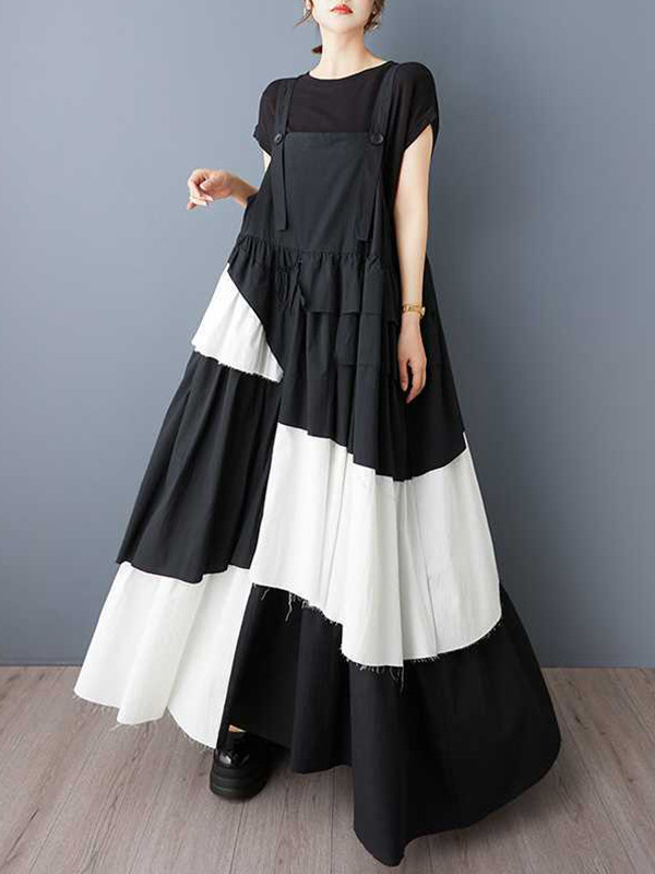 Pleated Buttoned Asymmetric Sleeveless Loose Spaghetti-Neck Suspender Dress Maxi Dresses