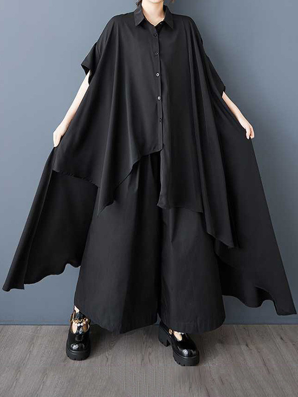 Solid Color Pockets Buttoned Asymmetric Loose High-Low Lapel Shirt Dress Midi Dresses