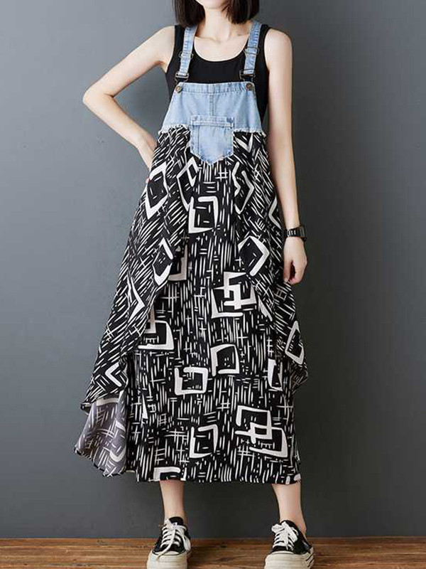 Split-Joint Pockets Flower Print Sleeveless Plus Size Spaghetti-Neck Suspender Dress Maxi Dresses