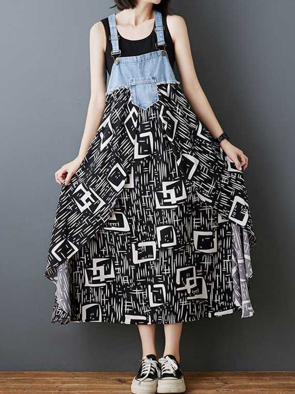 Split-Joint Pockets Flower Print Sleeveless Plus Size Spaghetti-Neck Suspender Dress Maxi Dresses