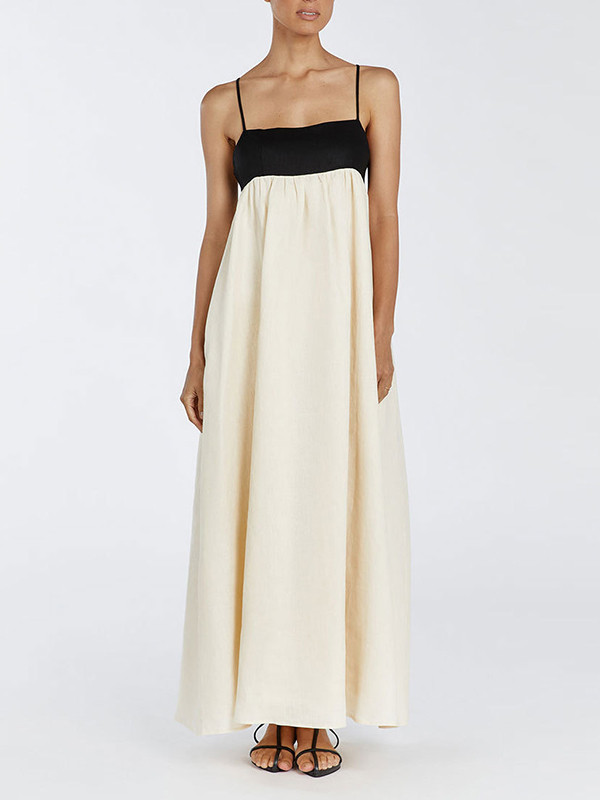 Split-Joint Pleated Contrast Color Loose A-Line Spaghetti-Neck Maxi Dresses