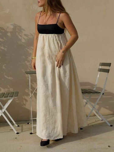 Split-Joint Pleated Contrast Color Loose A-Line Spaghetti-Neck Maxi Dresses