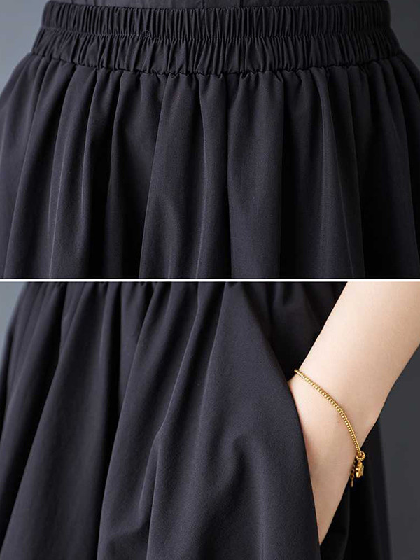 Solid Color Pockets Pleated Elasticity Asymmetric Loose A-Line Skirts