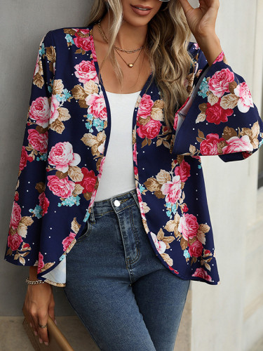 Flower Print Loose Long Sleeves Collarless Outerwear