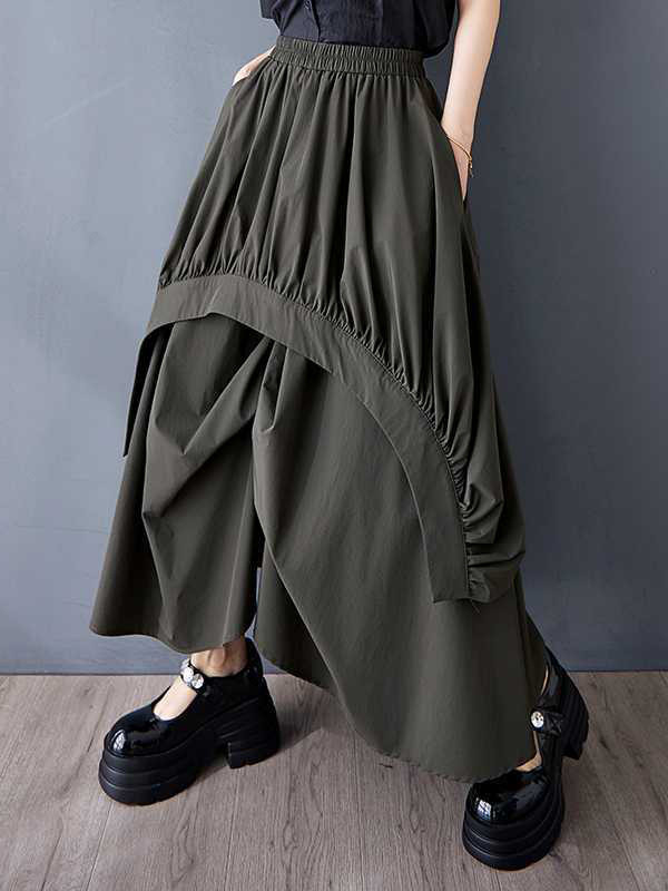 Solid Color Pockets Pleated Elasticity Asymmetric Loose A-Line Skirts