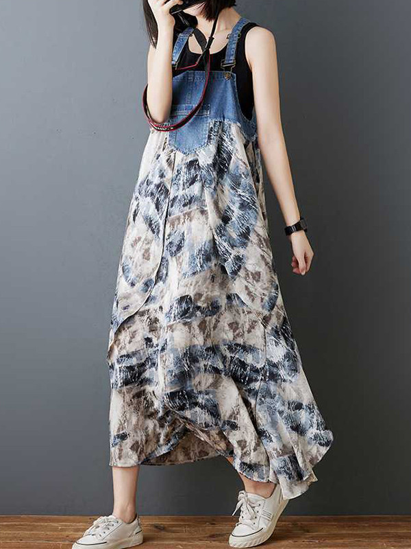 Split-Joint Pockets Flower Print Sleeveless Plus Size Spaghetti-Neck Suspender Dress Maxi Dresses