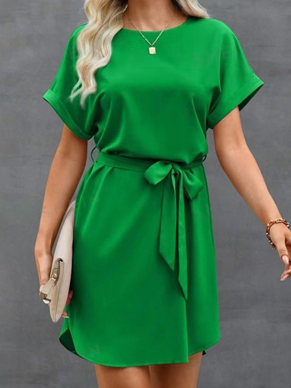 Tied Waist Solid Color Short Sleeves Loose Round-Neck Mini Dresses