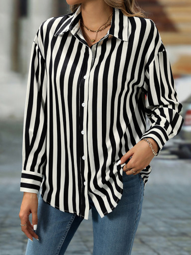 Striped Contrast Color Buttoned Loose Long Sleeves Lapel Blouses&Shirts Tops