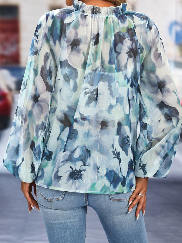 See-Through Pleated Flower Print Elasticity Puff Sleeves Loose Mock Neck Blouses&shirts Tops
